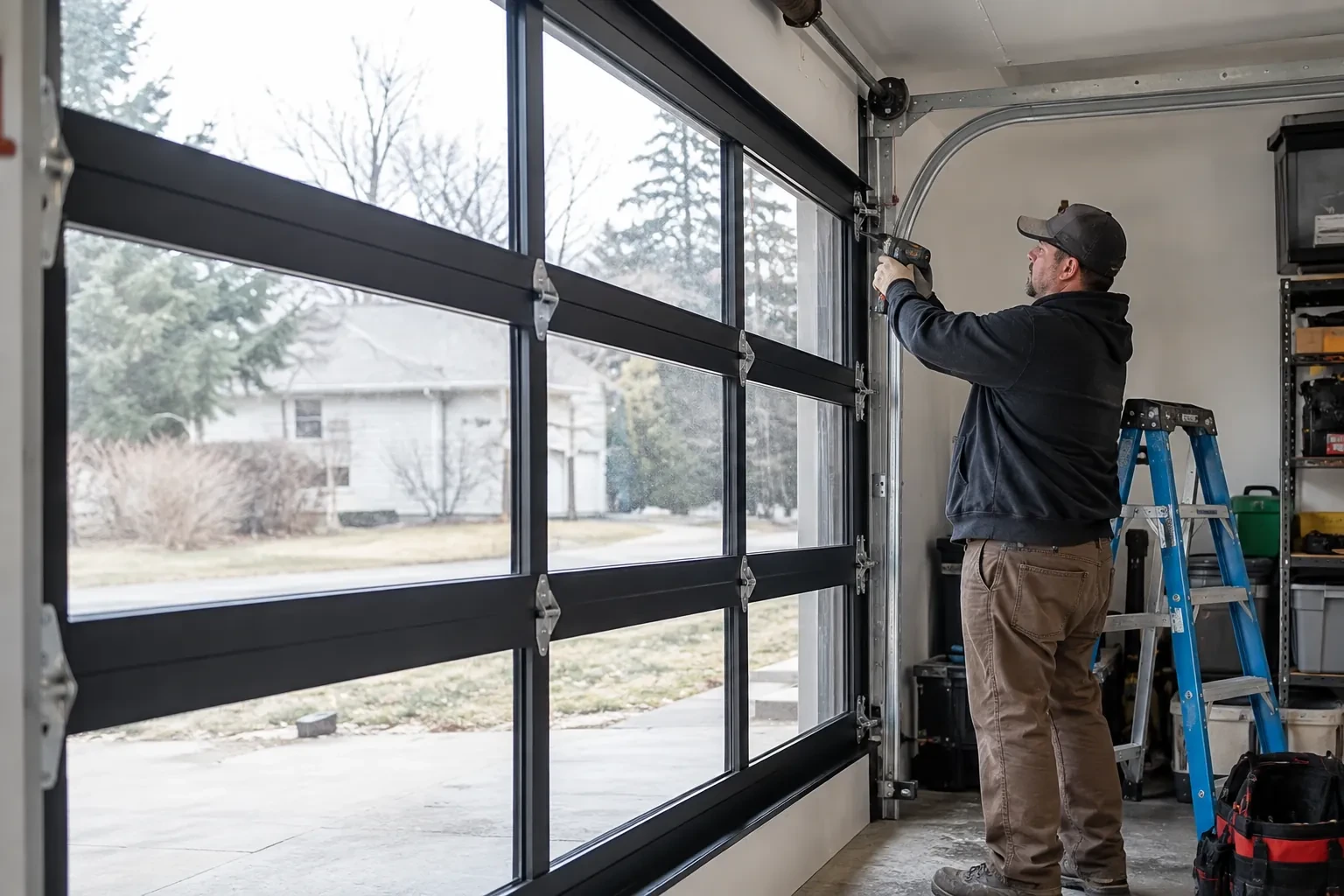 Illustrative garage doors scene; not an actual job