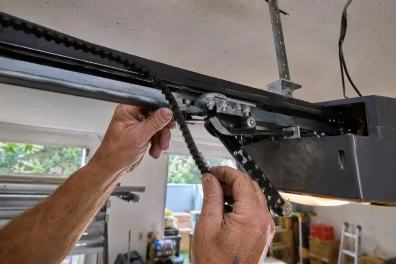 Hands holding a loose toothed belt beside the rail and trolley of an overhead garage-door opener. — Belt-Drive Opener Repair, Starrview Acres
