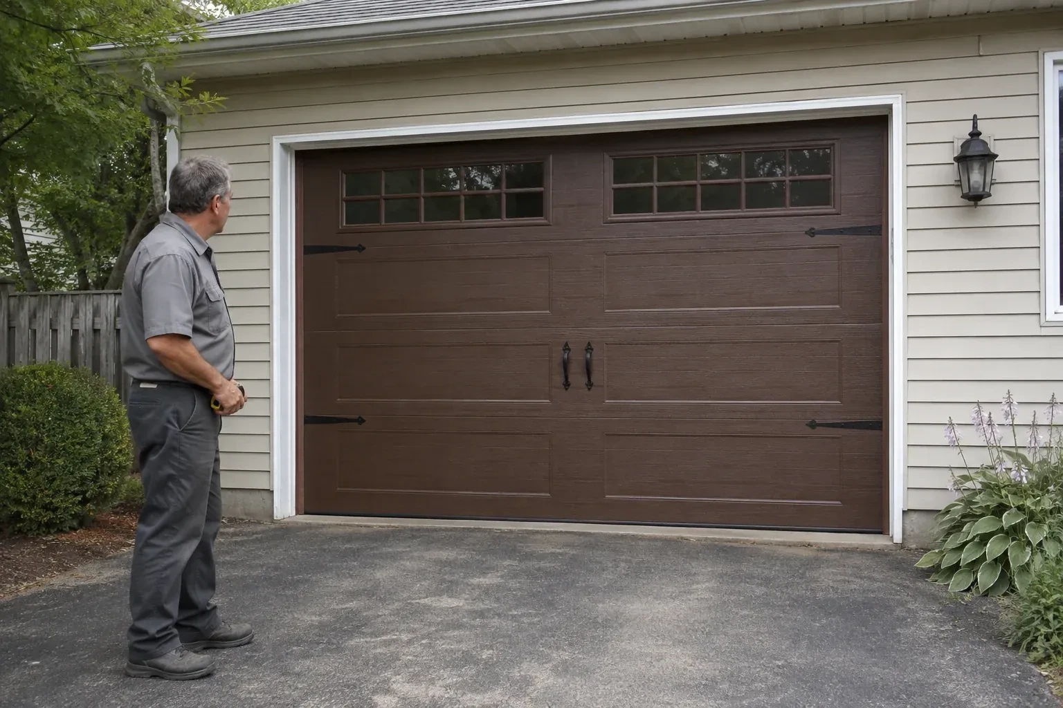 A person stands beside a closed brown garage door with upper windows and black decorative straps and handles. — Carriage-House Garage Door Installation, Orangeville