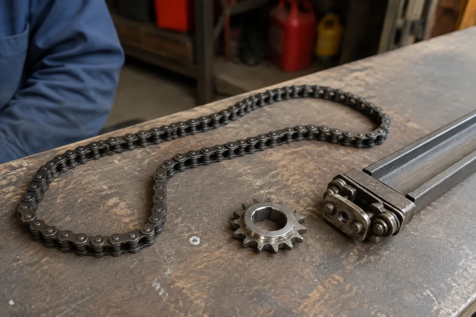 A detached metal roller chain, toothed sprocket and rail component rest on a worn garage workbench. — Chain-Drive Opener Repair, Orangeville