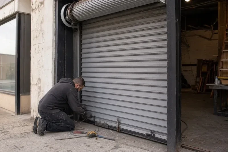 Person kneeling beside the bottom of a metal rolling door with tools on the ground — Commercial Rolling Door Repair, Orangeville