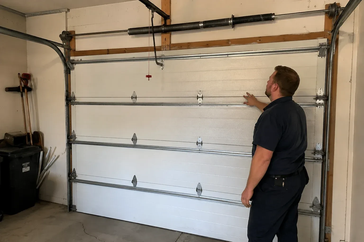 A person stands beside a closed sectional door beneath its overhead spring assembly. — Garage Door Balance Adjustment, Orangeville
