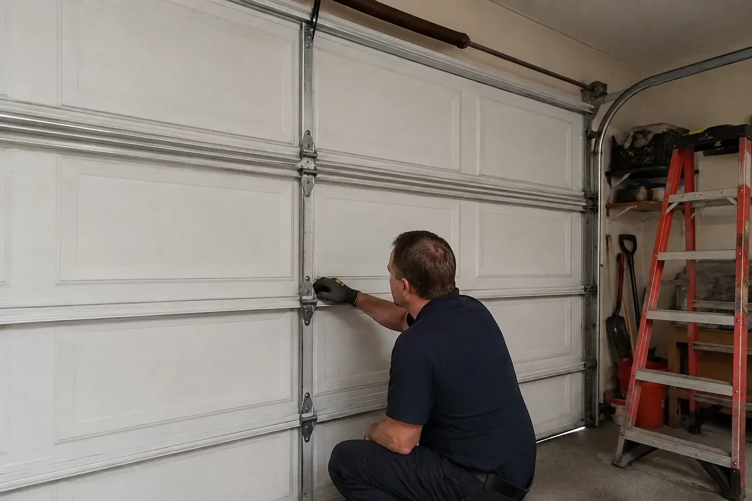 A person examines a central hinge joining two sections of a closed garage door. — Garage Door Hinge Replacement, Orangeville