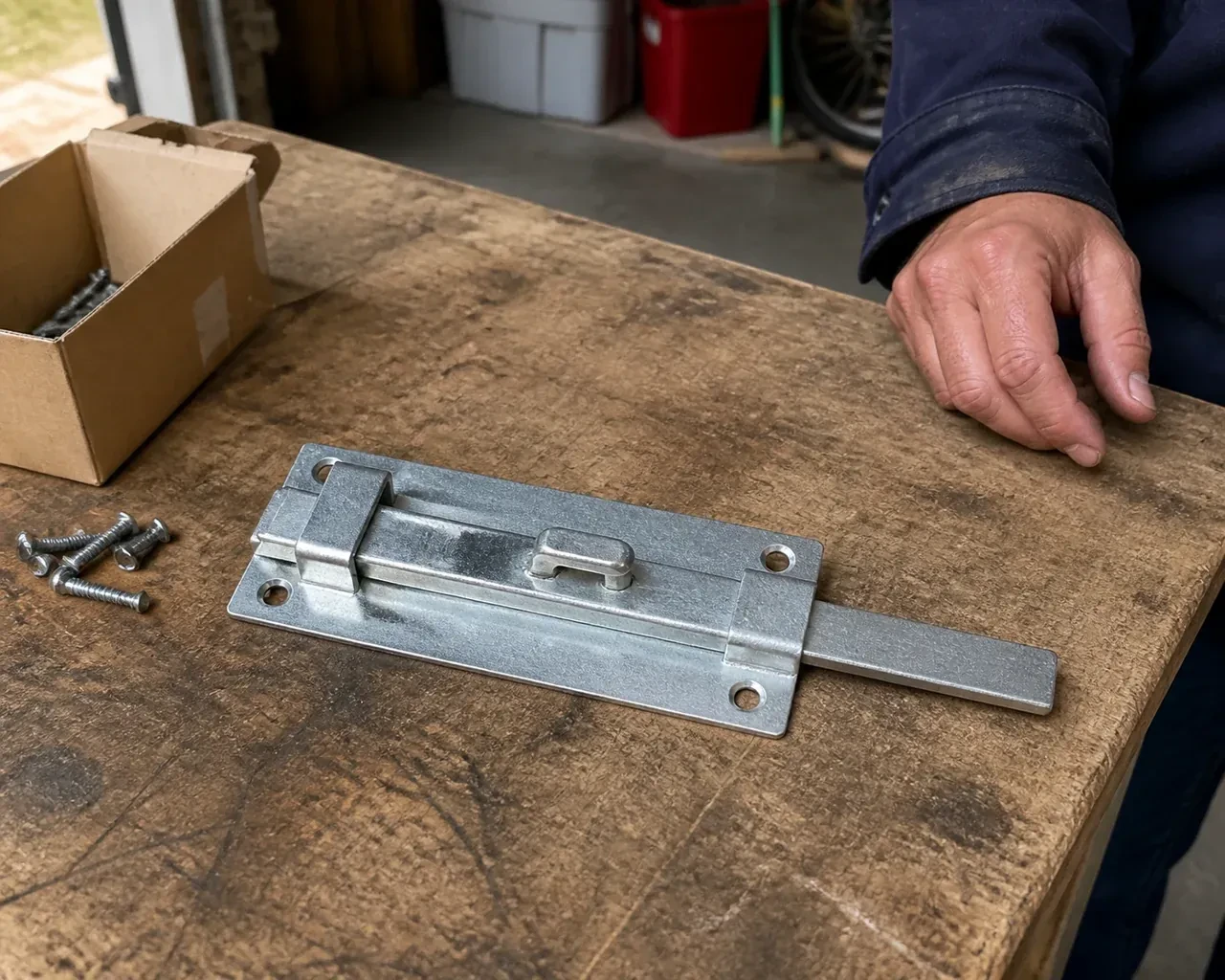 A detached metal slide bolt with mounting holes and retaining guides rests beside screws on a workbench. — Garage Door Manual Lock Repair, Grand Valley