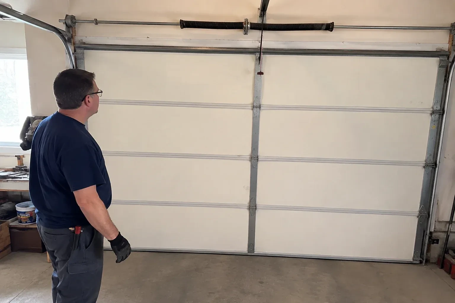 Illustrative garage doors scene; not an actual job — Off-Track Garage Door Reset, Orangeville
