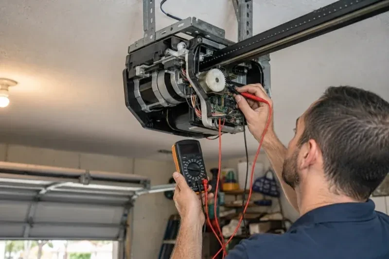 Person holding a multimeter and a red probe near the exposed circuit board of an overhead garage-door opener. — Garage Door Opener Diagnosis and Repair, Orangeville