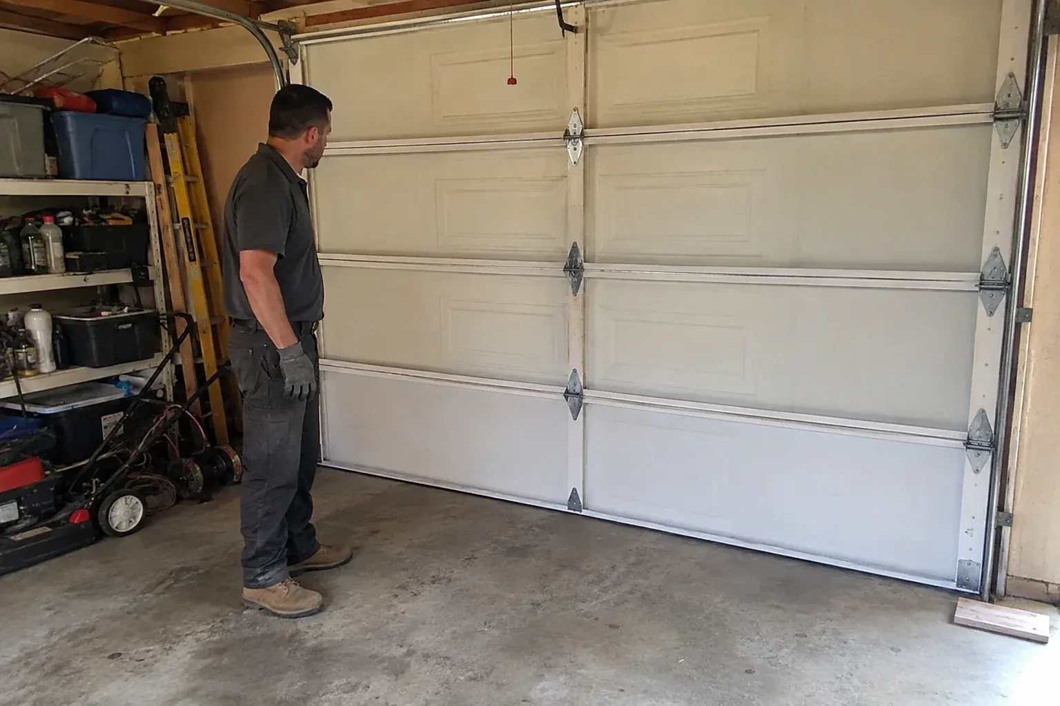 A person examines the interior panels and hinges of a closed sectional garage door. — Garage Door Panel Replacement, Starrview Acres