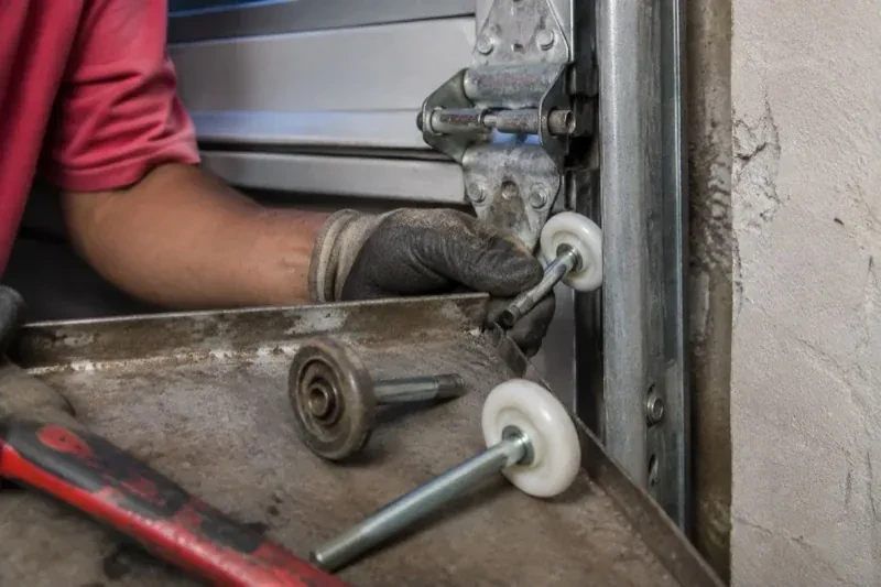 Gloved hand holding a white garage-door roller beside its track, with two loose rollers and a red tool on a tray. — Garage Door Roller Replacement, Orangeville