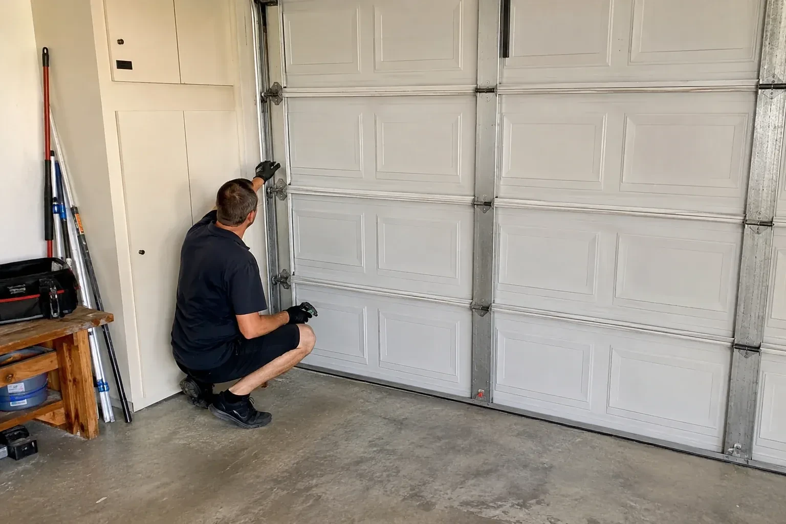A person kneels beside the side track and hinges of a closed sectional garage door. — Garage Door Safety Inspection, Orangeville