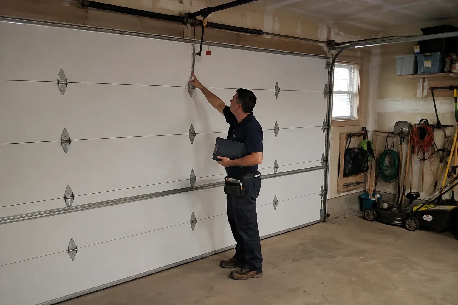 A person holding a clipboard examines the interior hardware of a closed garage door. — Garage Door Tune-Up, Orangeville