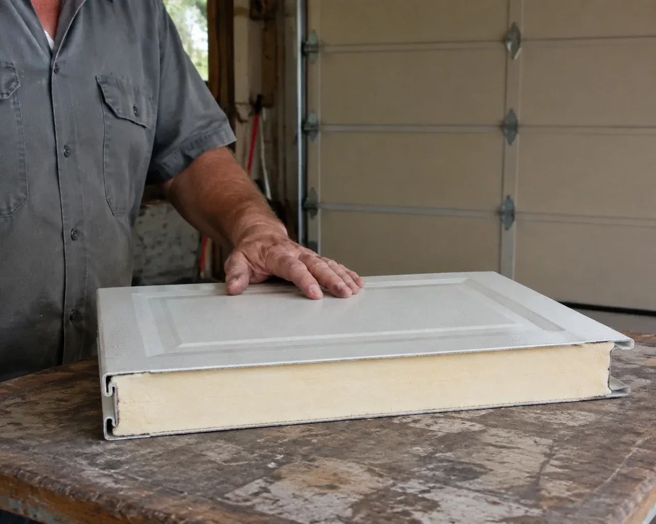 A panel sample exposes a cream foam core between thin metal faces on a garage workbench. — Insulated Steel Garage Door Installation, Orangeville