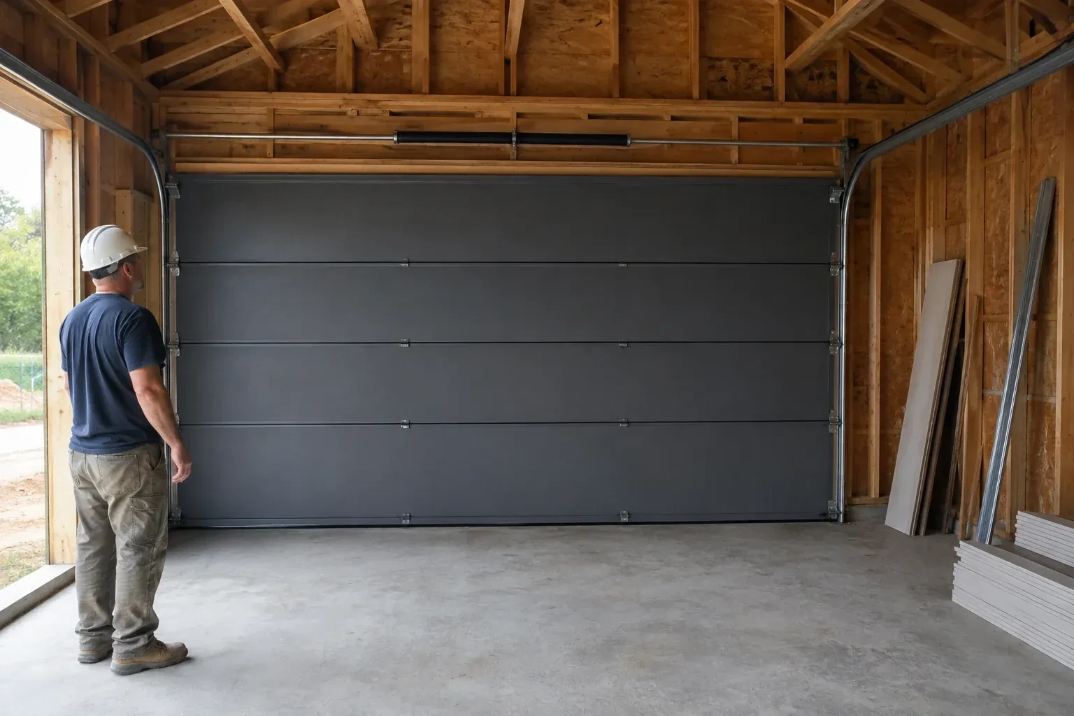 A person wearing a hard hat stands beside a dark sectional door in an unfinished timber-framed garage. — New-Construction Garage Door Installation, Orangeville