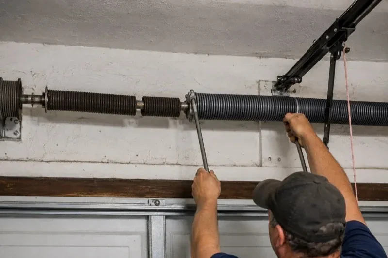 Person holding metal bars beside exposed coiled springs above a garage door. — Torsion Spring Replacement, Orangeville