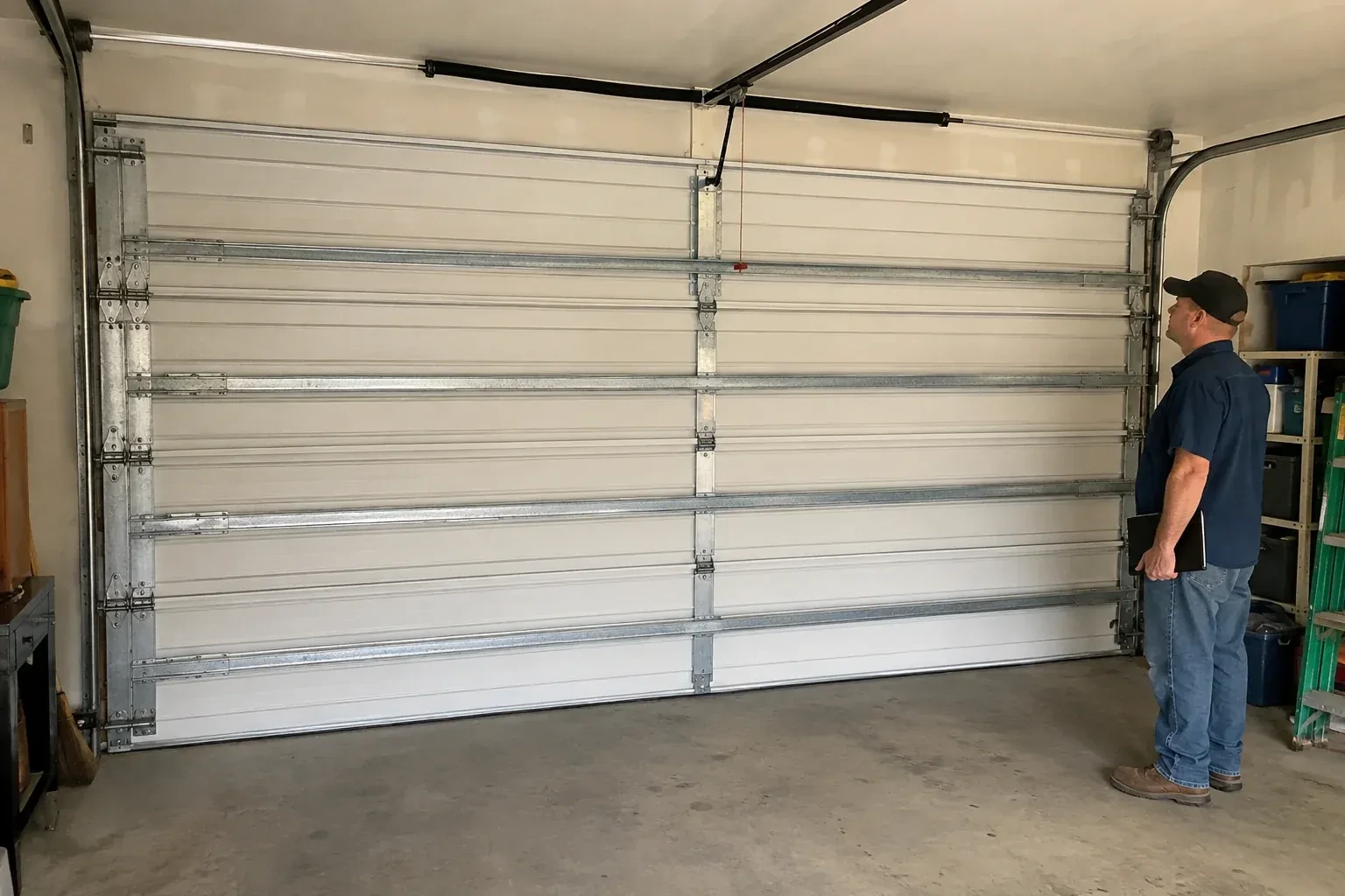 A person examines horizontal metal reinforcement members across the interior of a closed garage door. — Wind-Rated Garage Door Replacement, Orangeville